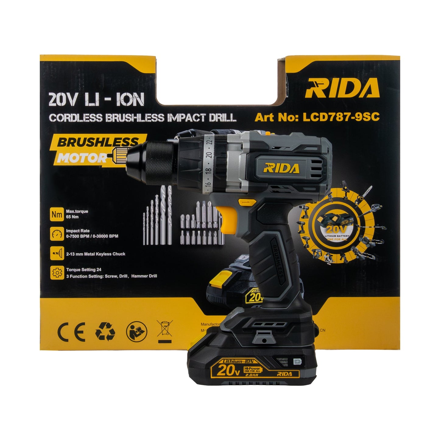Taladro Percutor Brushless 20V RIDA LCD787-9SC con batería de litio 20V