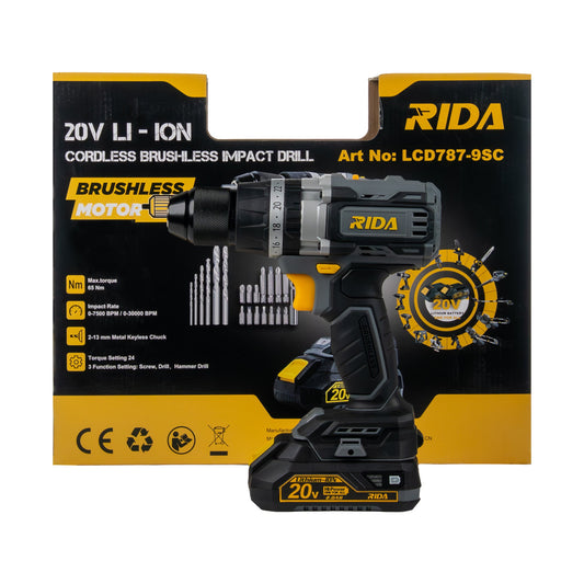 Taladro Percutor Brushless 20V RIDA LCD787-9SC con batería de litio 20V